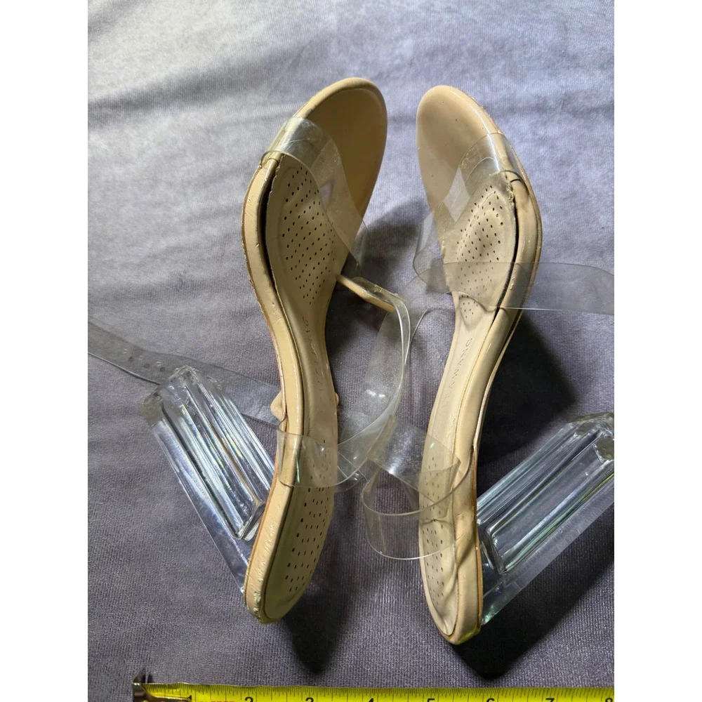 Azalea Wang Clear Strap Lucite Block Heel Sandals Nude Tan 10 Inch Insole